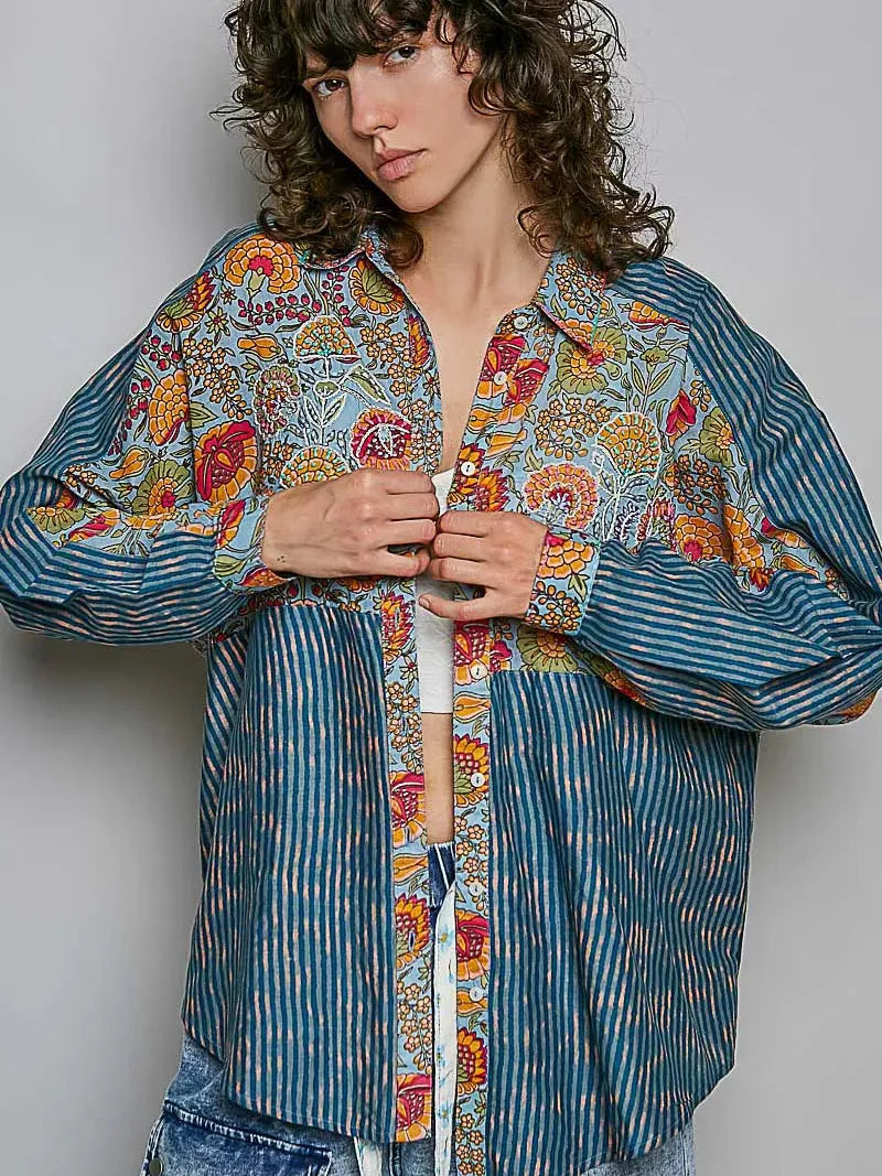 POL Prairie Patchwork Paisley Floral Stripe Long Sleeve Shirt-Women's Shirts & Tops-Shop Z & Joxa
