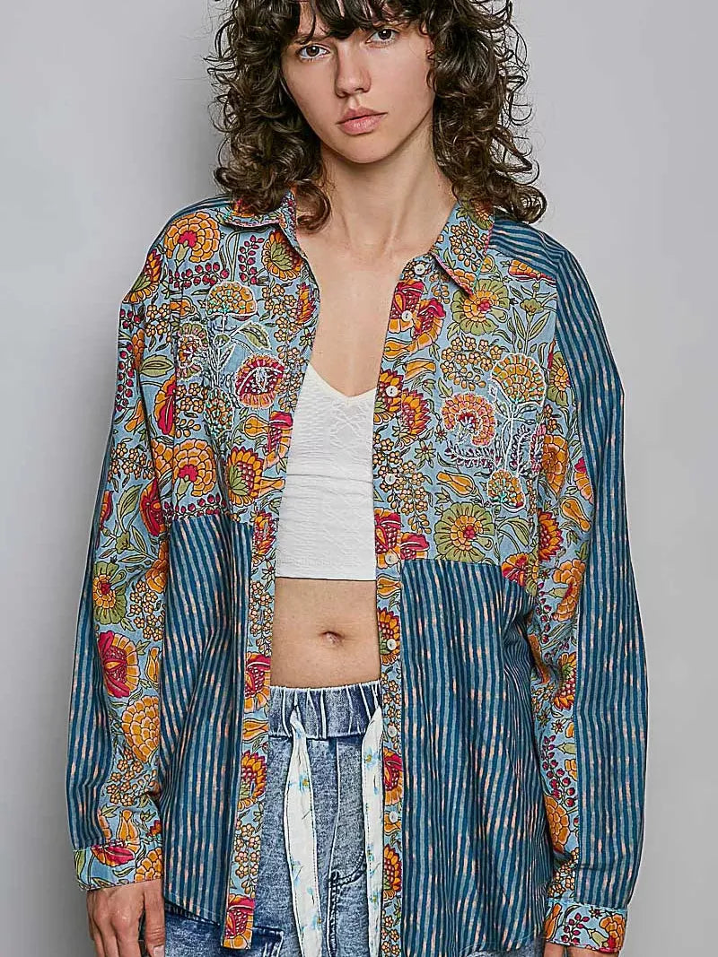 POL Prairie Patchwork Paisley Floral Stripe Long Sleeve Shirt-Women's Shirts & Tops-Shop Z & Joxa