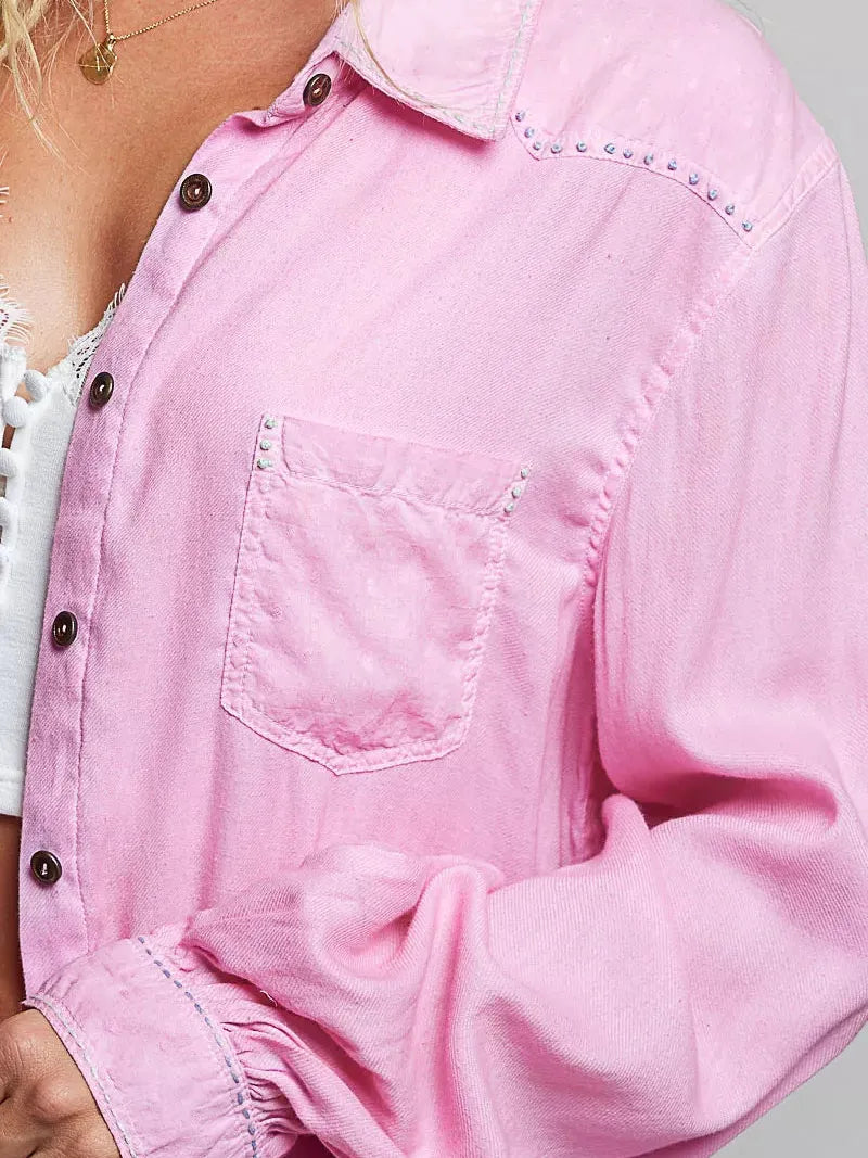 POL Prairie Pink Washed Textured Cotton Western Button Front Shirt-Shirts & Tops-Shop Z & Joxa