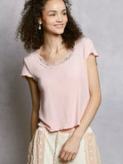 POL Pretty in Pink Short Sleeve Crop T-Shirt with Lace Trim-Women's Shirts & Tops-Shop Z & Joxa