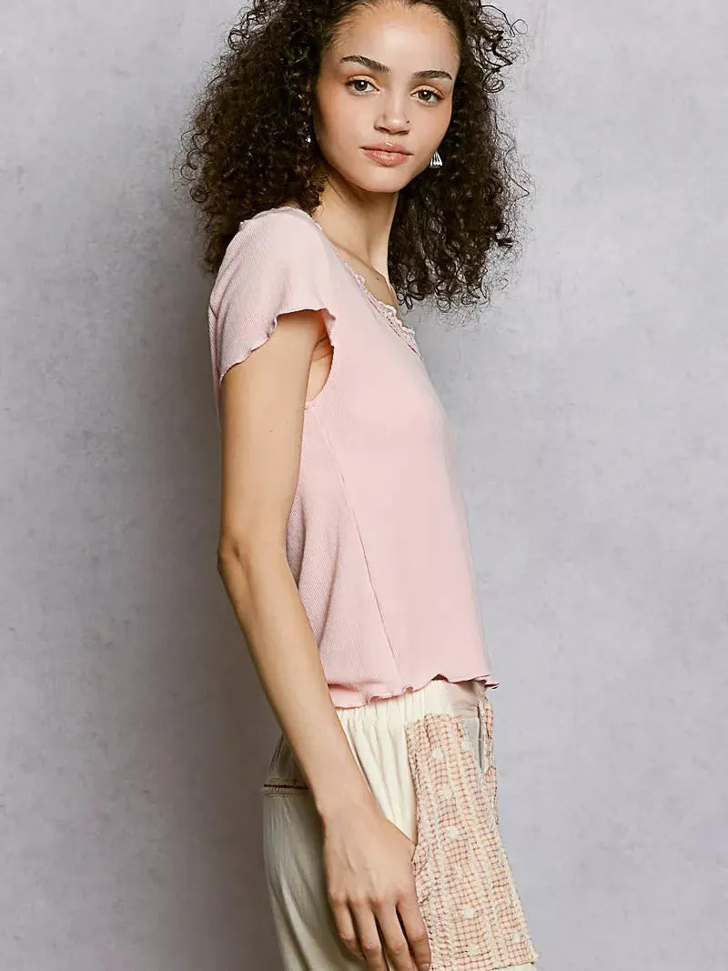 POL Pretty in Pink Short Sleeve Crop T-Shirt with Lace Trim-Women's Shirts & Tops-Shop Z & Joxa