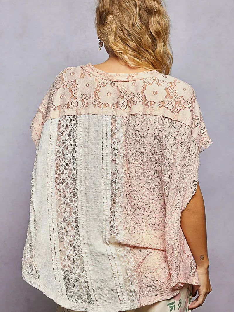 POL Raw Romance Asymmetrical Short Sleeve Lace Top in Blush-Women's Shirts & Tops-Shop Z & Joxa