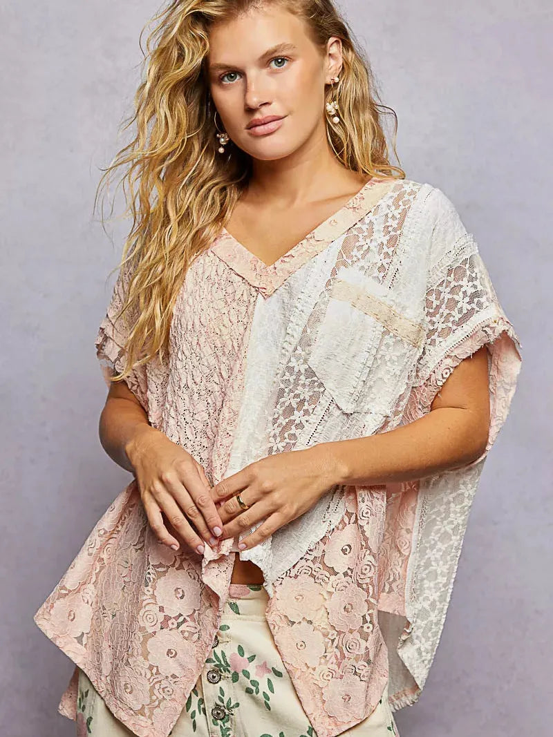 POL Raw Romance Asymmetrical Short Sleeve Lace Top in Blush-Women's Shirts & Tops-Shop Z & Joxa
