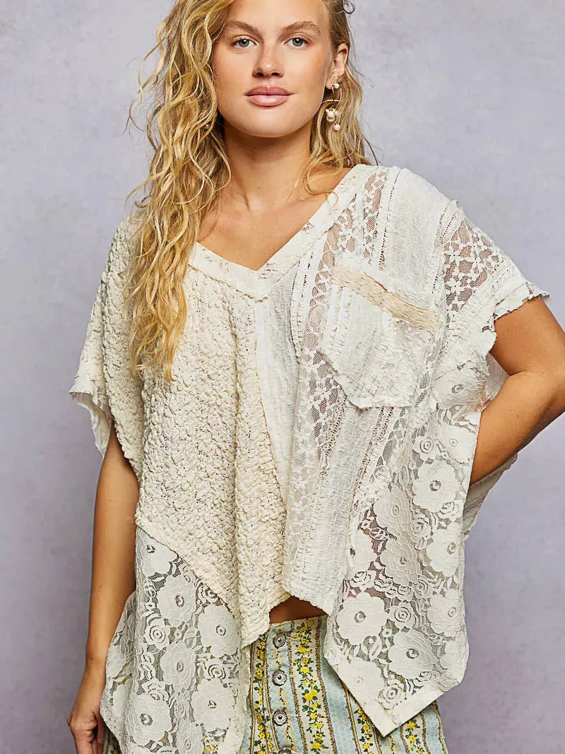 POL Raw Romance Asymmetrical V-Neck Short Sleeve Lace Top-Women's Shirts & Tops-Shop Z & Joxa