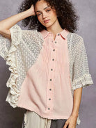 POL Rose Mist Front Pleated Button Up Shirt with Crochet Patch-Women's Shirts & Tops-Shop Z & Joxa