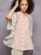 POL Rose Mist Front Pleated Button Up Shirt with Crochet Patch-Women's Shirts & Tops-Shop Z & Joxa