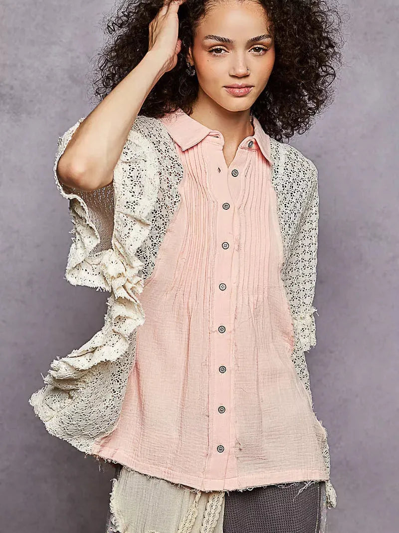 POL Rose Mist Front Pleated Button Up Shirt with Crochet Patch-Women's Shirts & Tops-Shop Z & Joxa