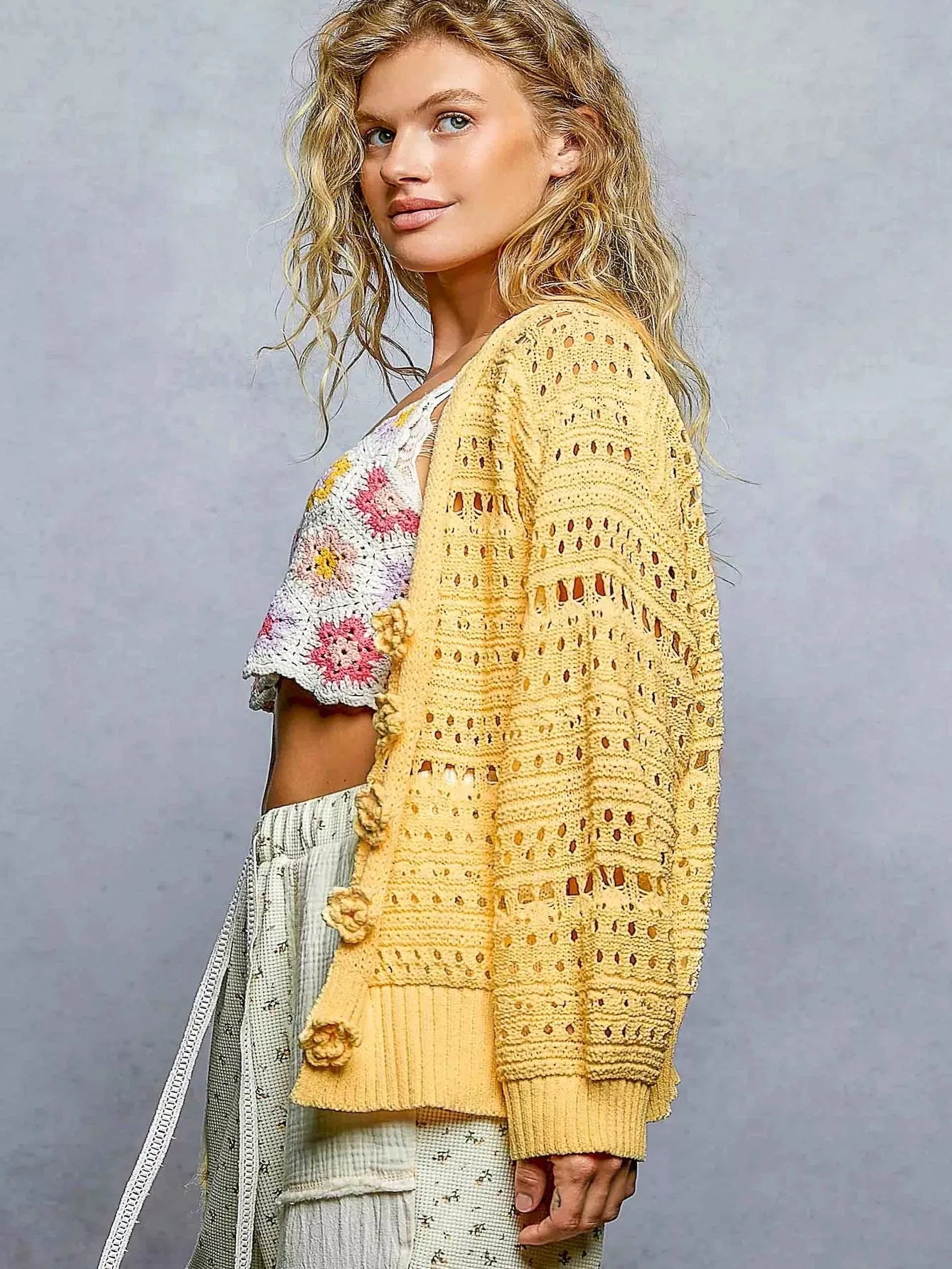 POL Rosebud Button Knit Floral Button Cardigan in Dandelion-Women's Shirts & Tops-Shop Z & Joxa