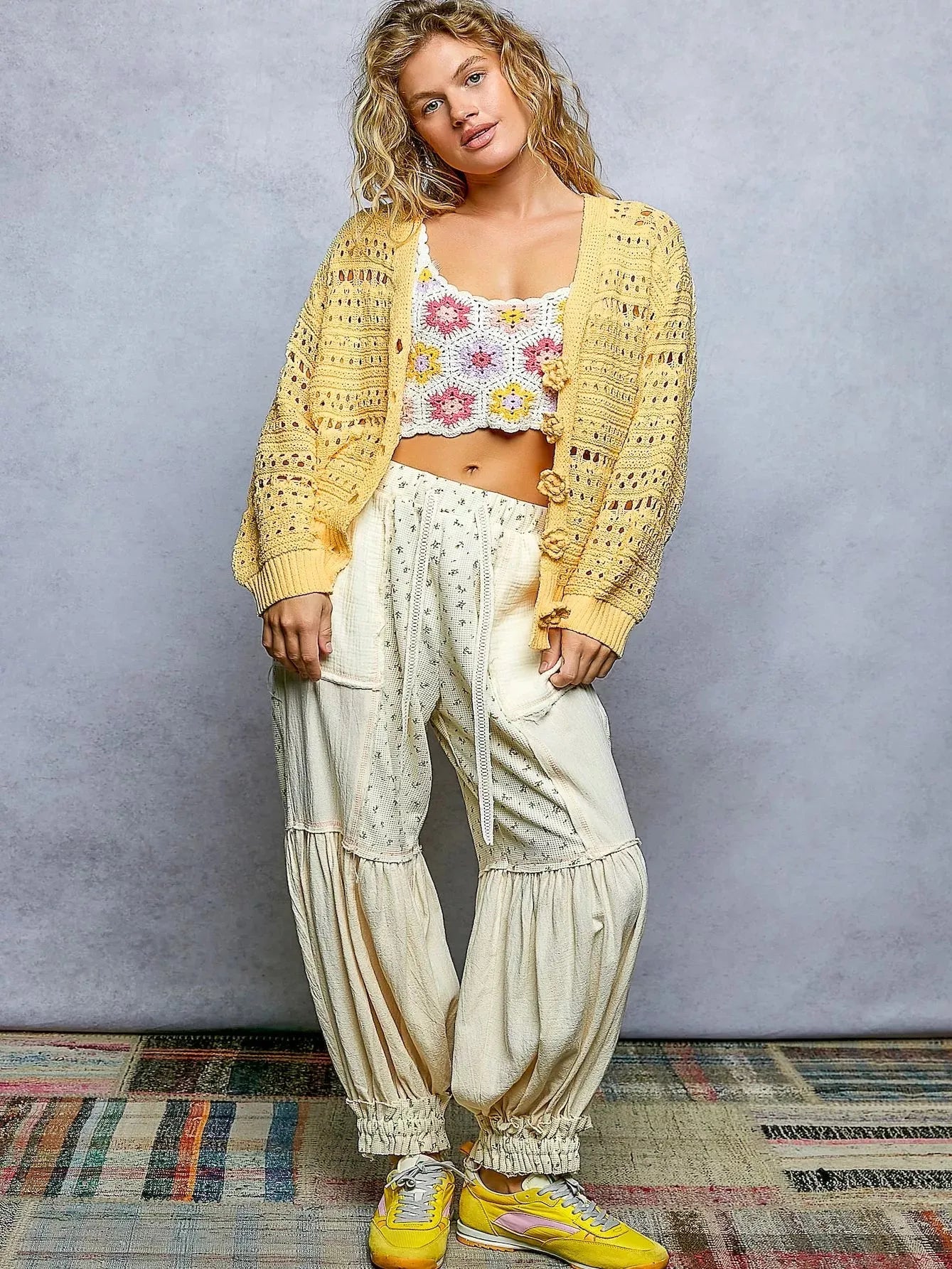 POL Rosebud Button Knit Floral Button Cardigan in Dandelion-Women's Shirts & Tops-Shop Z & Joxa