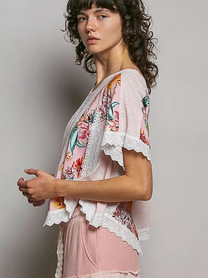 POL Rosewater Floral Ribbed Cropped Top with Lace Detail-Women's Shirts & Tops-Shop Z & Joxa