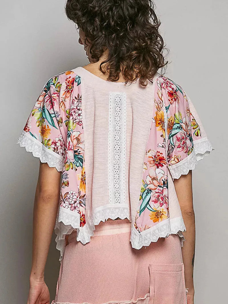 POL Rosewater Floral Ribbed Cropped Top with Lace Detail-Women's Shirts & Tops-Shop Z & Joxa