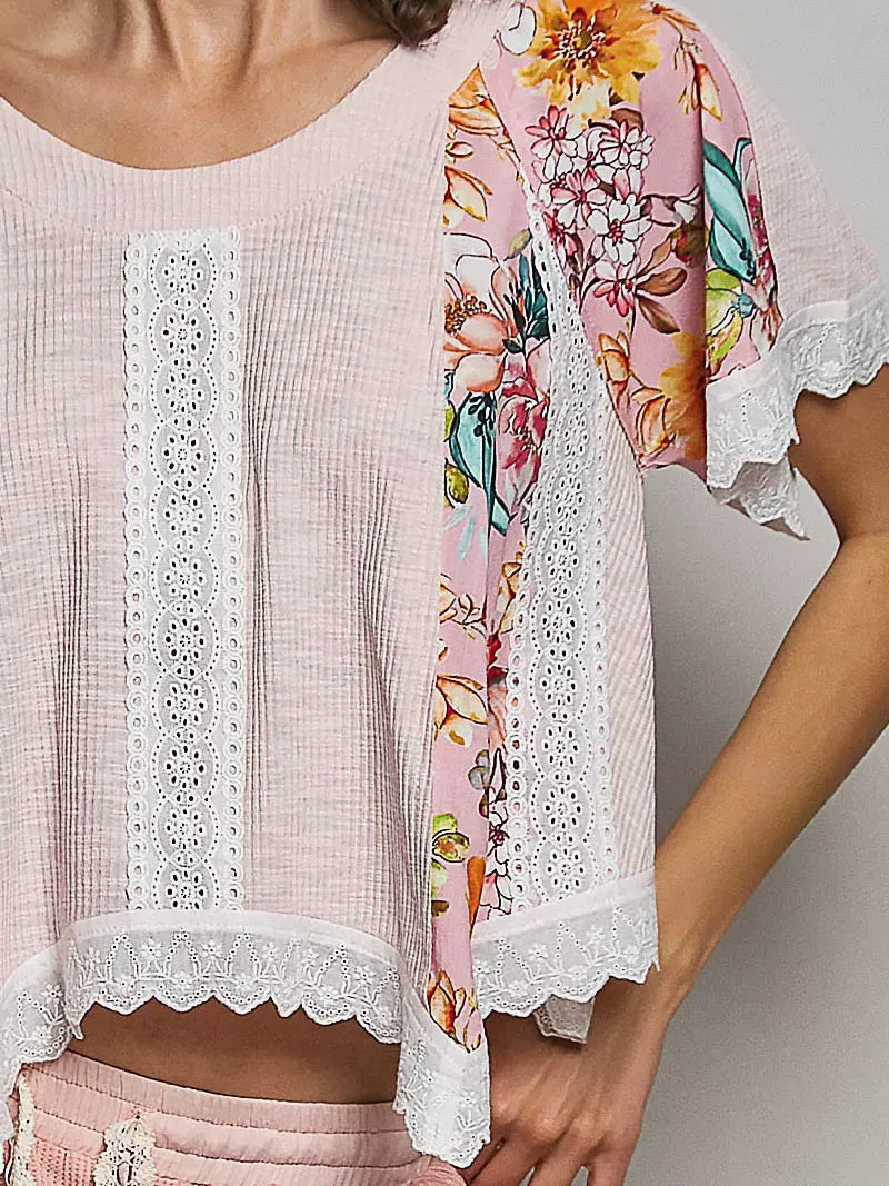 POL Rosewater Floral Ribbed Cropped Top with Lace Detail-Women's Shirts & Tops-Shop Z & Joxa