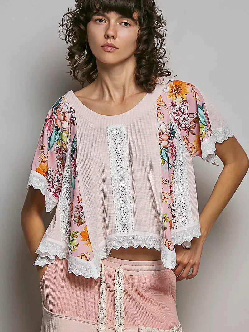 POL Rosewater Floral Ribbed Cropped Top with Lace Detail-Women's Shirts & Tops-Shop Z & Joxa
