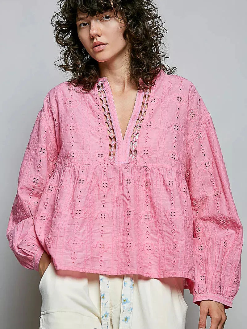POL Rosewater Romance Eyelet Lace Gathered Empire Waist Blouse-Shirts & Tops-Shop Z & Joxa
