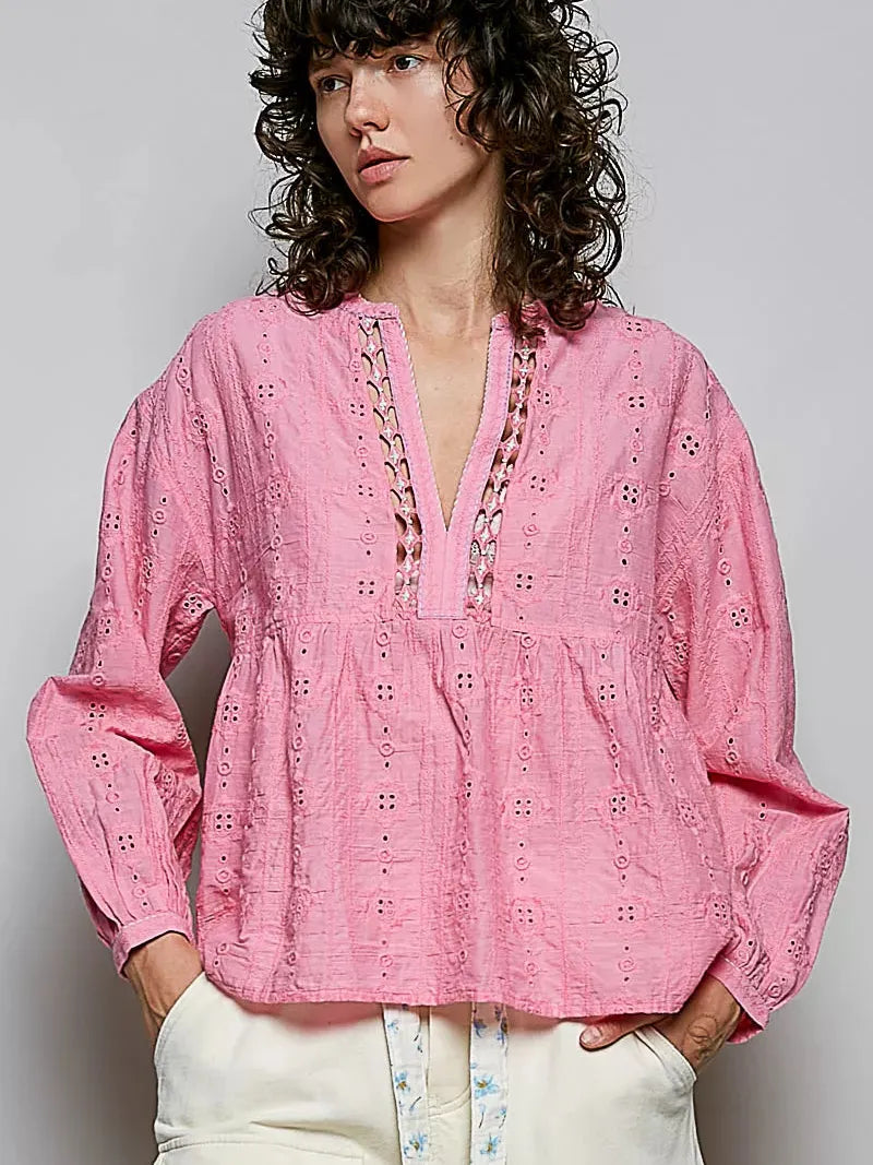 POL Rosewater Romance Eyelet Lace Gathered Empire Waist Blouse-Shirts & Tops-Shop Z & Joxa