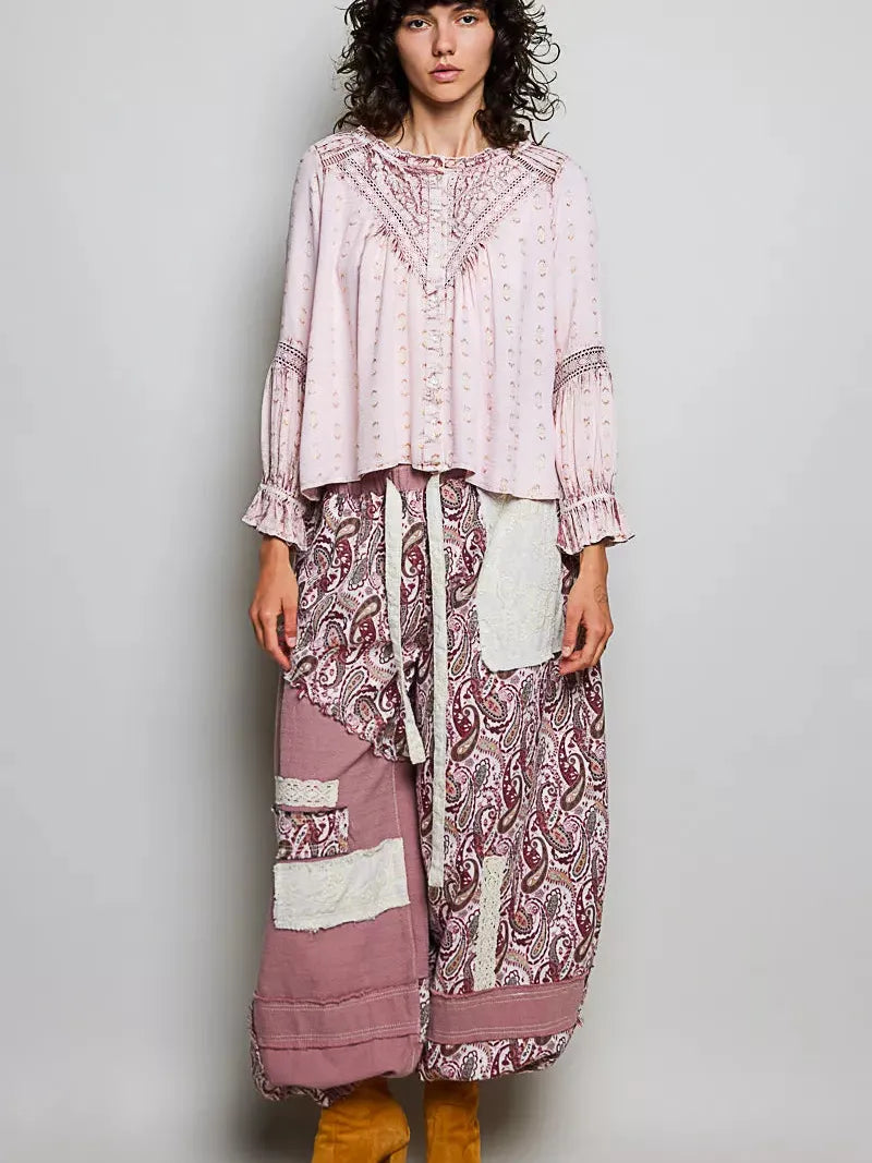 POL Rosy Revival Mixed-Pattern Long Sleeve Lace Blouse-Women's Shirts & Tops-Shop Z & Joxa