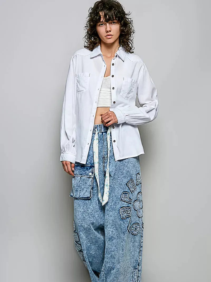 POL Saddle & Sage Washed Cotton Western Button Front Shirt-Women's Shirts & Tops-Shop Z & Joxa