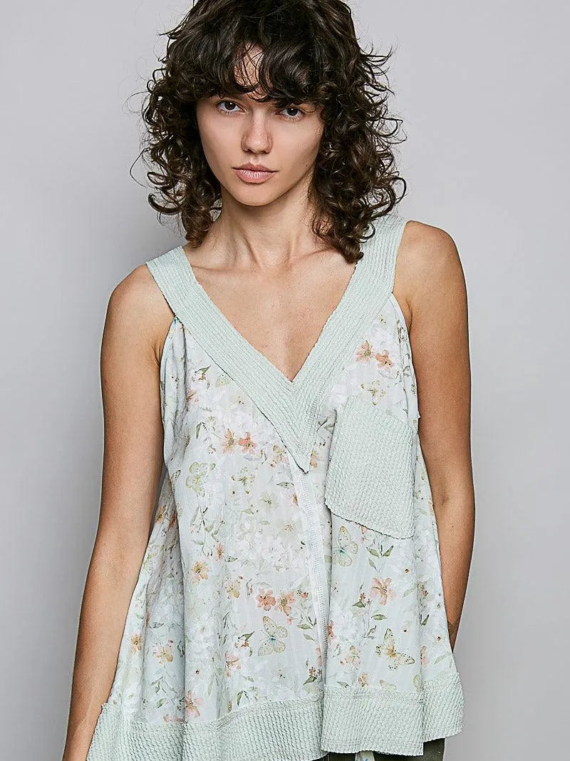 POL Sage Bloom Floral V-Neck Tank with Front Pocket-Women's Shirts & Tops-Shop Z & Joxa