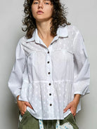 POL Salty Sweetheart Tonal Dot Weave Bell Sleeve Shirt-Women's Shirts & Tops-Shop Z & Joxa