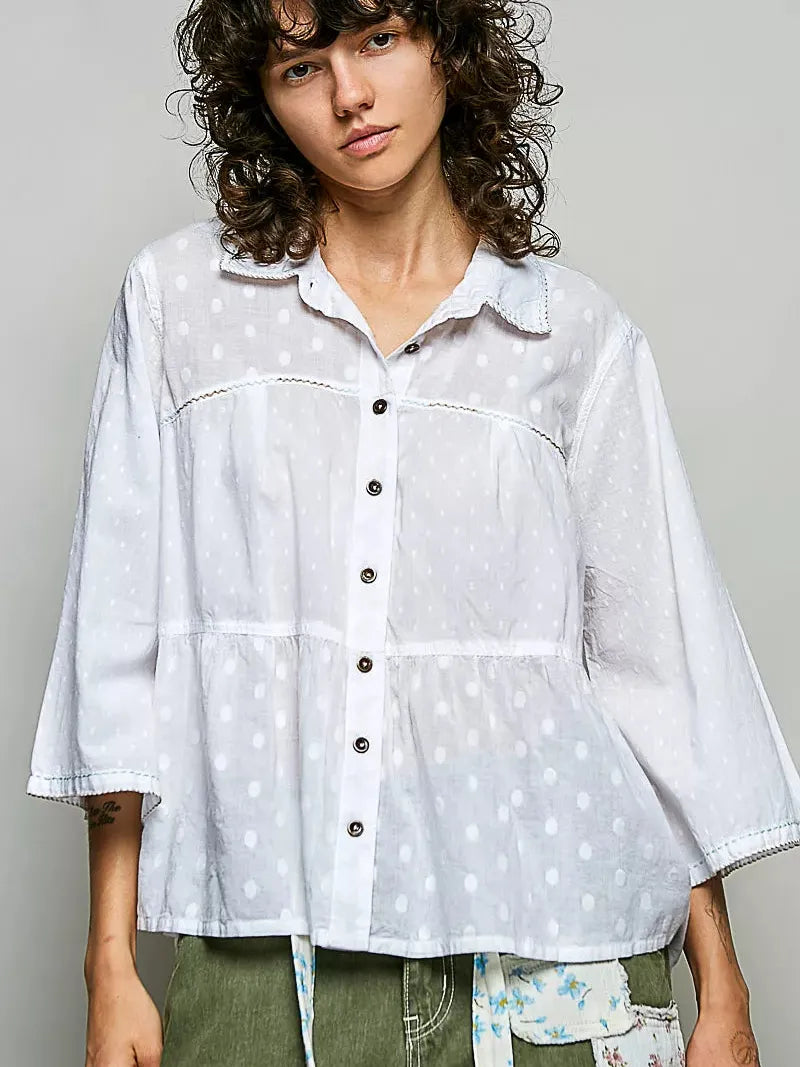 POL Salty Sweetheart Tonal Dot Weave Bell Sleeve Shirt-Women's Shirts & Tops-Shop Z & Joxa