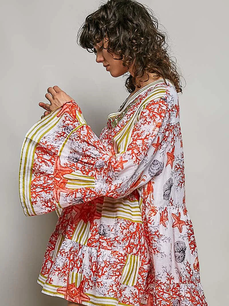 POL Seaside Bloom Striped Floral Bell Sleeve Mini Dress-Women's Dresses-Shop Z & Joxa