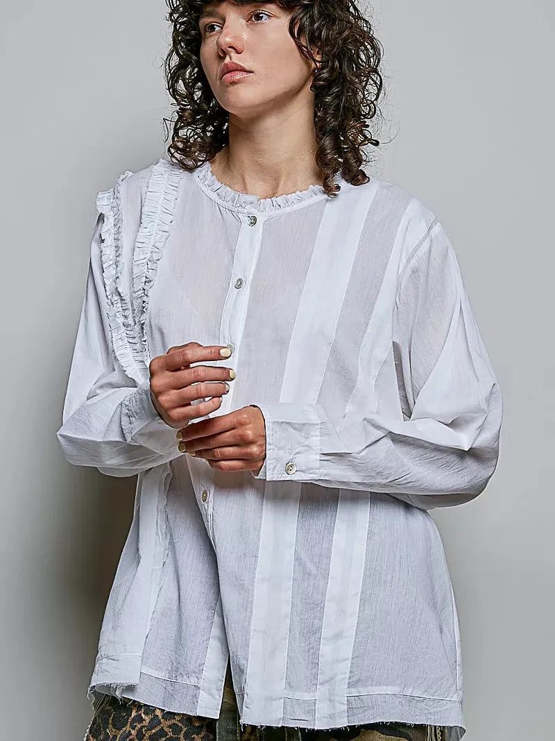 POL Simple Ivory Ruffle Trim Long Sleeve Blouse-Women's Shirts & Tops-Shop Z & Joxa