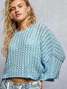 POL Skyline Shimmer Cable-Knit Cropped Sweater in Blue-Women's Shirts & Tops-Shop Z & Joxa