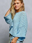 POL Skyline Shimmer Cable-Knit Cropped Sweater in Blue-Women's Shirts & Tops-Shop Z & Joxa