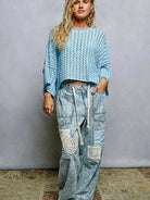 POL Skyline Shimmer Cable-Knit Cropped Sweater in Blue-Women's Shirts & Tops-Shop Z & Joxa