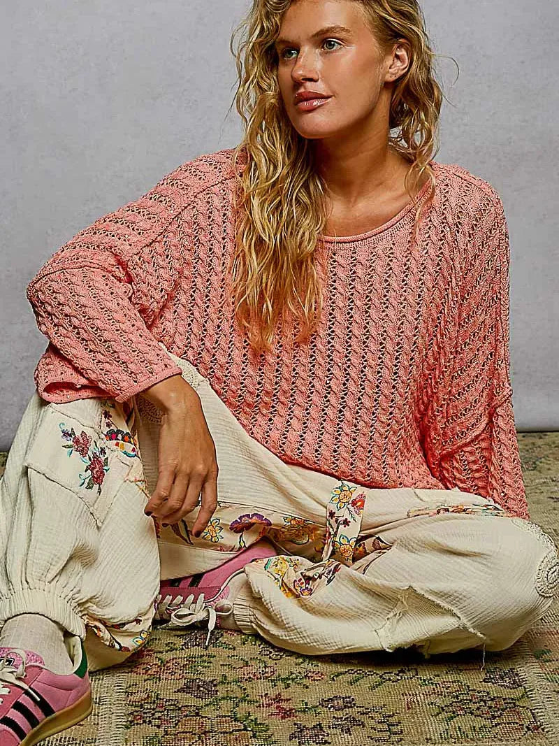 POL Skyline Shimmer Cable-Knit Cropped Sweater in Coral-Women's Shirts & Tops-Shop Z & Joxa