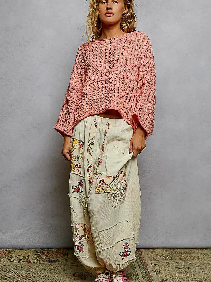 POL Skyline Shimmer Cable-Knit Cropped Sweater in Coral-Women's Shirts & Tops-Shop Z & Joxa