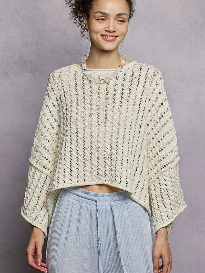POL Skyline Shimmer Cable-Knit Cropped Sweater in Ivory-Women's Shirts & Tops-Shop Z & Joxa