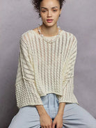 POL Skyline Shimmer Cable-Knit Cropped Sweater in Ivory-Women's Shirts & Tops-Shop Z & Joxa