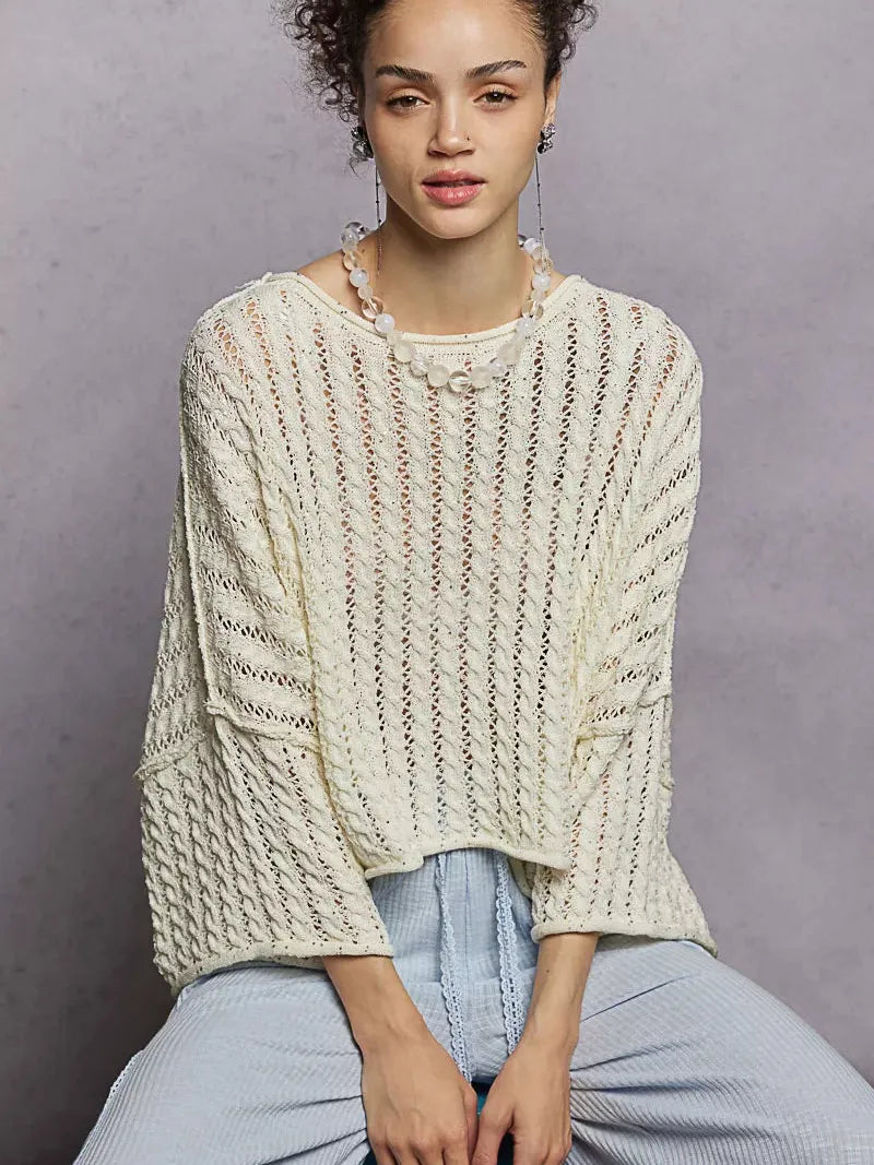 POL Skyline Shimmer Cable-Knit Cropped Sweater in Ivory-Women's Shirts & Tops-Shop Z & Joxa
