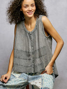 POL Smoky Serenity Sleeveless Tank with Crochet Contrast-Women's Shirts & Tops-Shop Z & Joxa