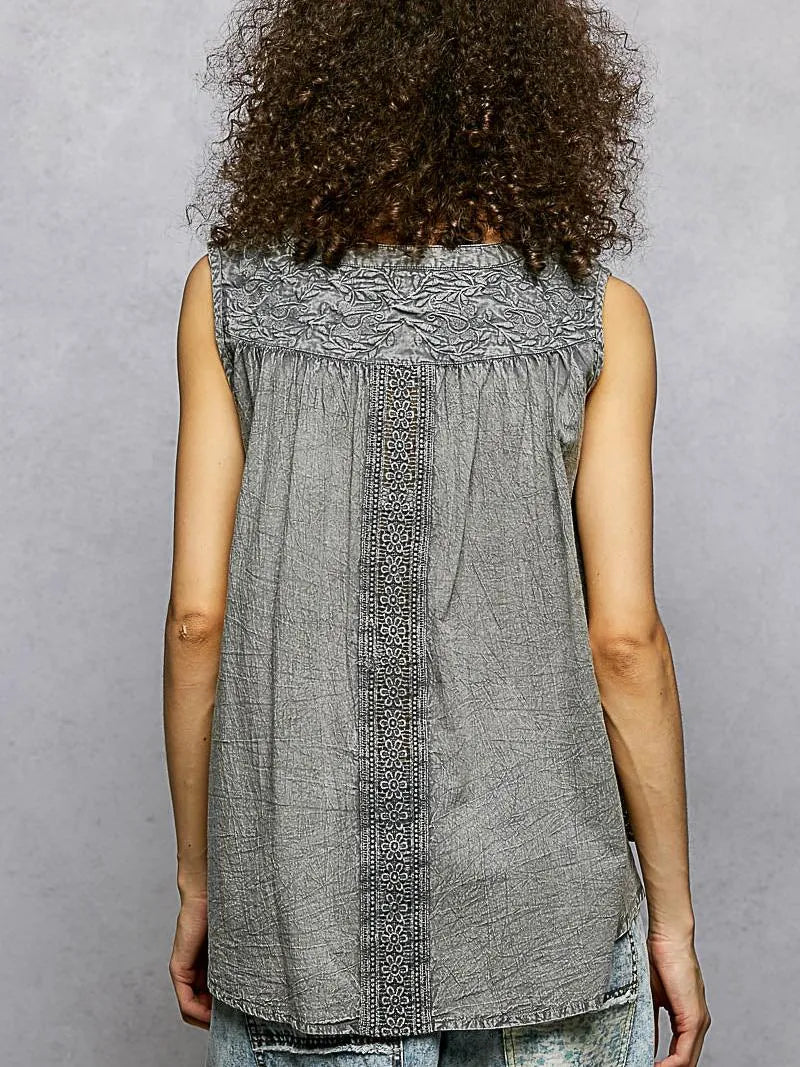 POL Smoky Serenity Sleeveless Tank with Crochet Contrast-Women's Shirts & Tops-Shop Z & Joxa