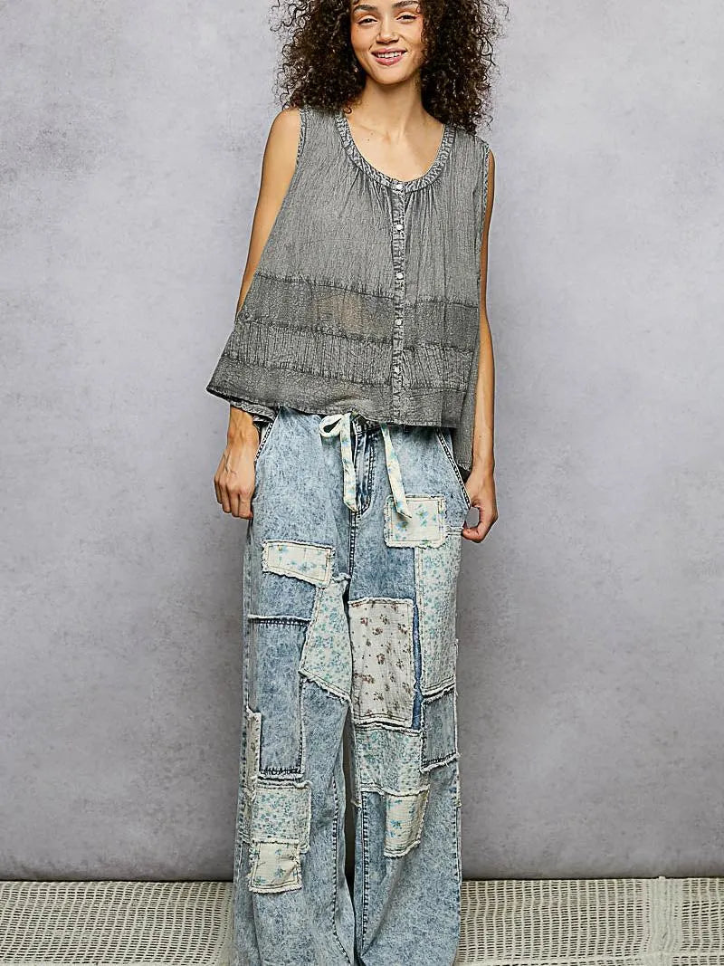 POL Smoky Serenity Sleeveless Tank with Crochet Contrast-Women's Shirts & Tops-Shop Z & Joxa