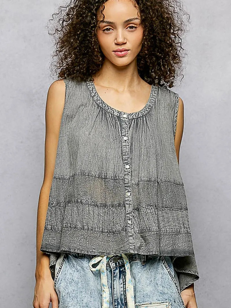 POL Smoky Serenity Sleeveless Tank with Crochet Contrast-Women's Shirts & Tops-Shop Z & Joxa