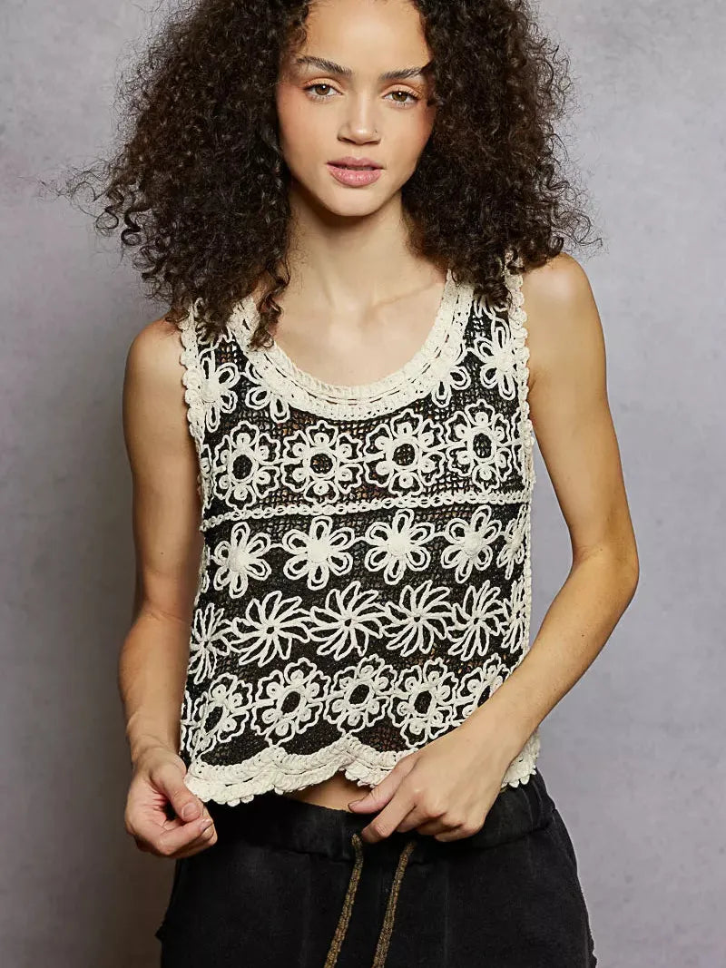 POL Soft Bloom Floral Crochet Sleeveless Top in Black-Women's Shirts & Tops-Shop Z & Joxa