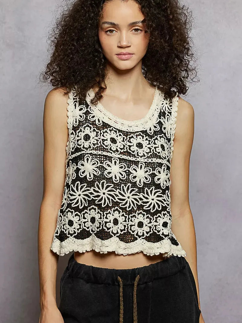 POL Soft Bloom Floral Crochet Sleeveless Top in Black-Women's Shirts & Tops-Shop Z & Joxa