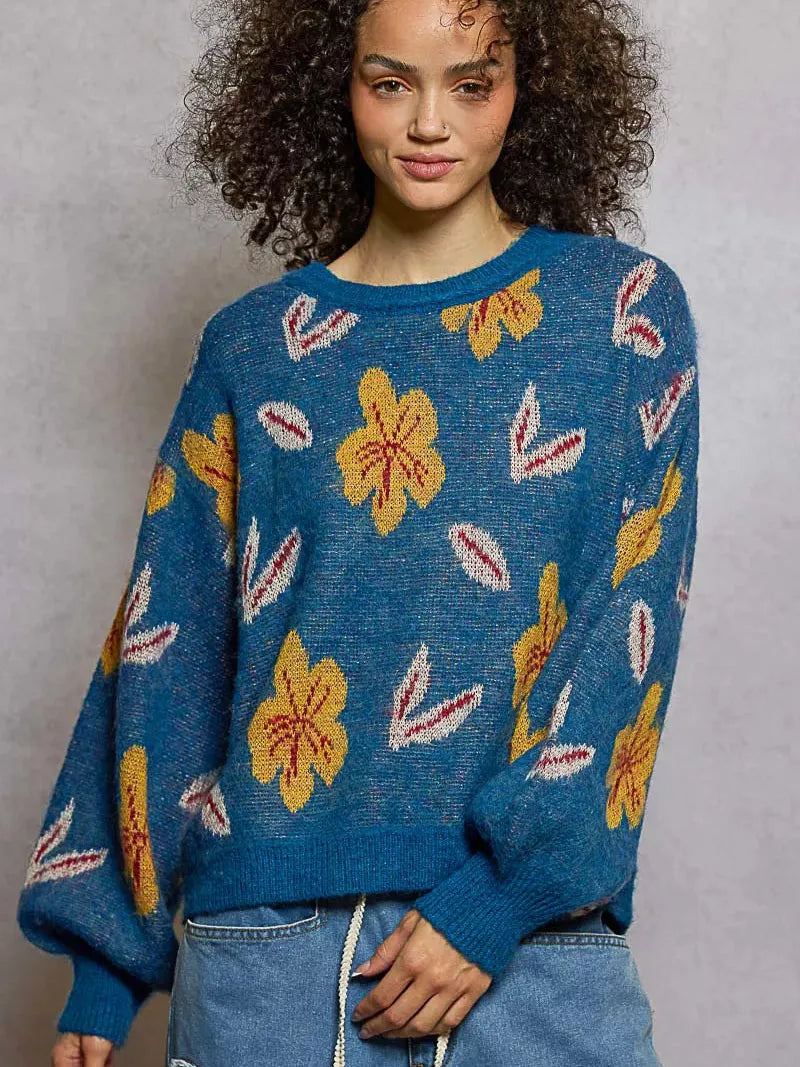 POL Soft Leaf Story Round Neck Balloon Sleeve Sweater-Women's Shirts & Tops-Shop Z & Joxa