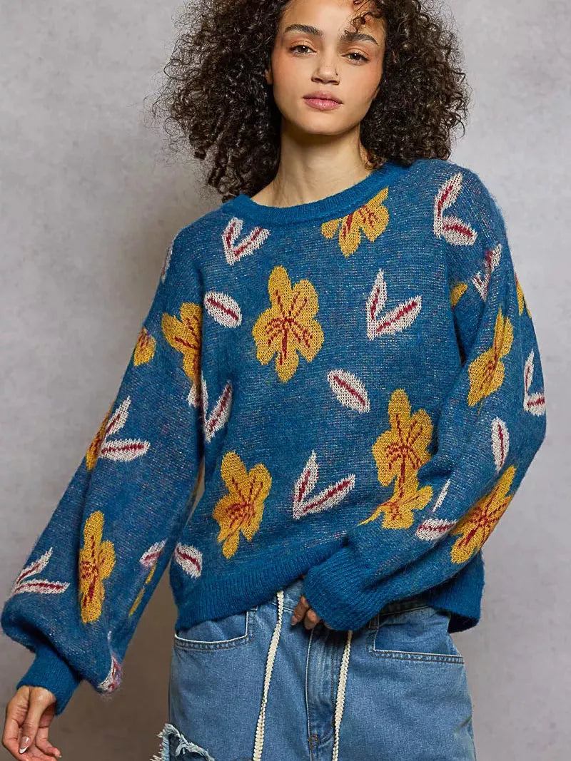 POL Soft Leaf Story Round Neck Balloon Sleeve Sweater-Women's Shirts & Tops-Shop Z & Joxa