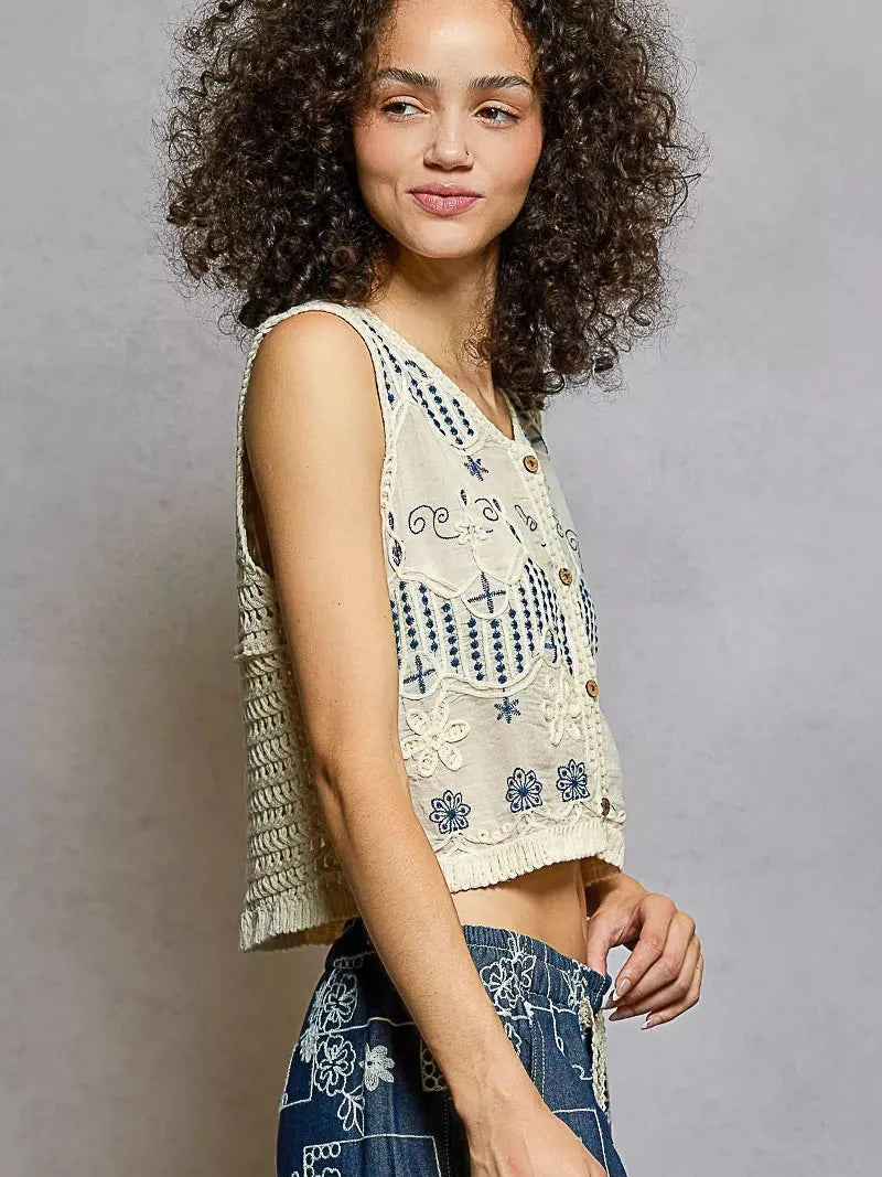 POL Soft Spell Embroidered Floral Cropped Crochet Vest-Women's Shirts & Tops-Shop Z & Joxa