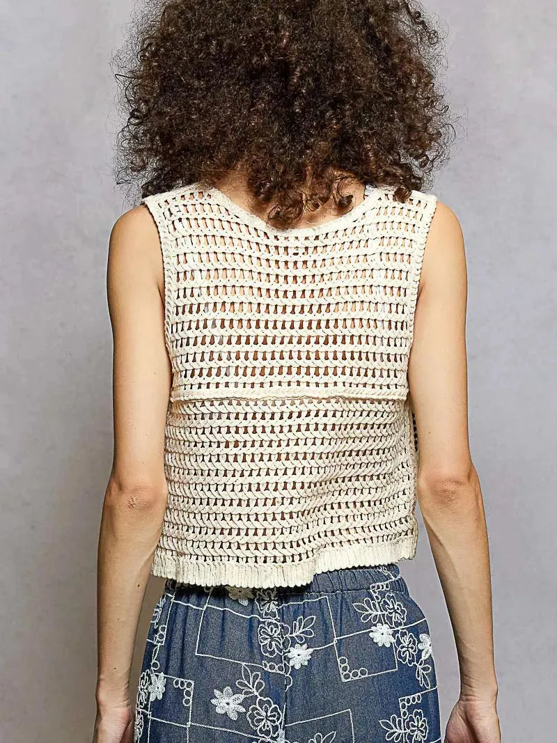 POL Soft Spell Embroidered Floral Cropped Crochet Vest-Women's Shirts & Tops-Shop Z & Joxa