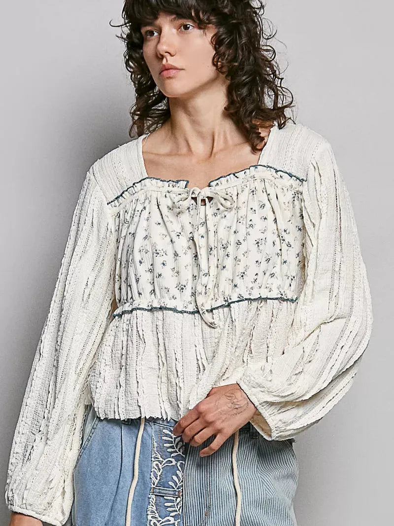 POL Soft Spoken Square Neck Lace Long Balloon Sleeve Top-Women's Shirts & Tops-Shop Z & Joxa