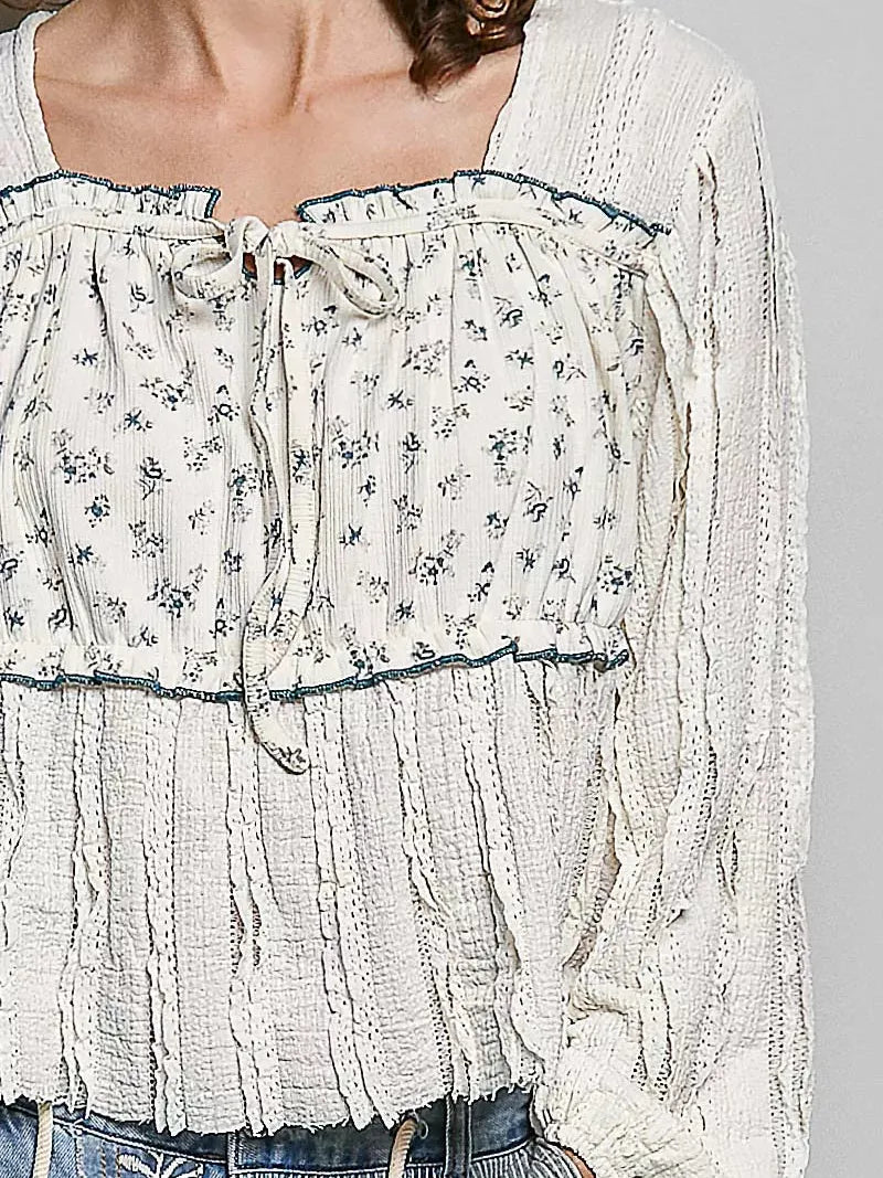 POL Soft Spoken Square Neck Lace Long Balloon Sleeve Top-Women's Shirts & Tops-Shop Z & Joxa
