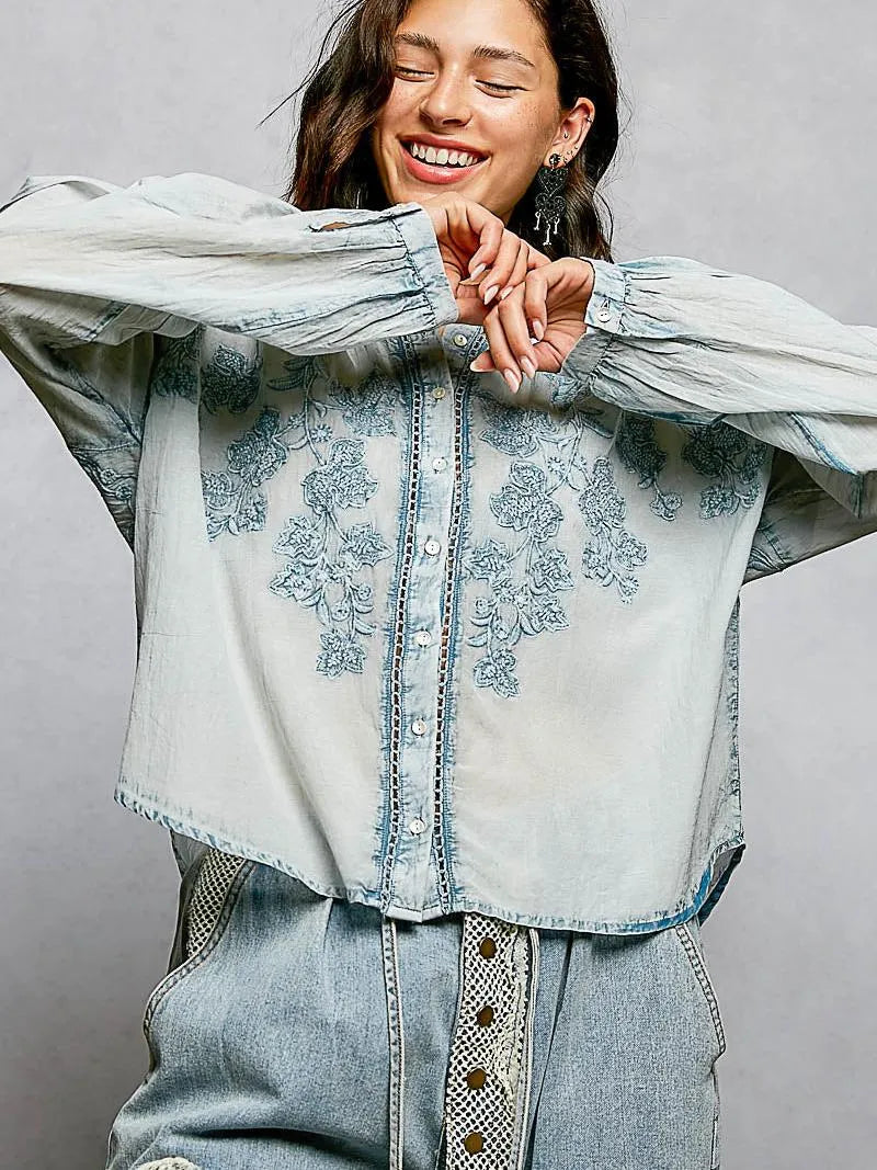 POL Soft Stitch Serenity Floral Button Up Long Sleeve Shirt-Women's Shirts & Tops-Shop Z & Joxa
