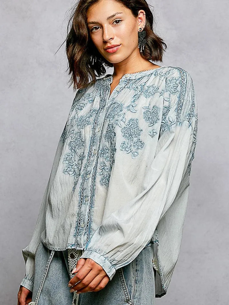 POL Soft Stitch Serenity Floral Button Up Long Sleeve Shirt-Women's Shirts & Tops-Shop Z & Joxa