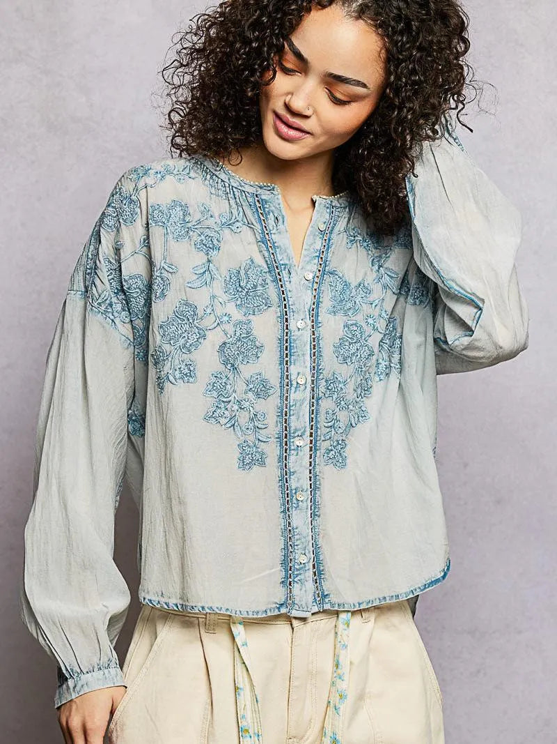 POL Soft Stitch Serenity Floral Button Up Long Sleeve Shirt-Women's Shirts & Tops-Shop Z & Joxa