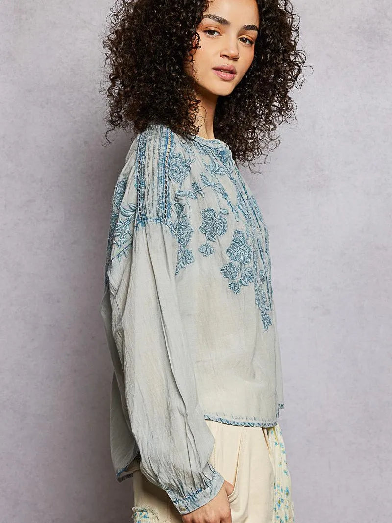 POL Soft Stitch Serenity Floral Button Up Long Sleeve Shirt-Women's Shirts & Tops-Shop Z & Joxa